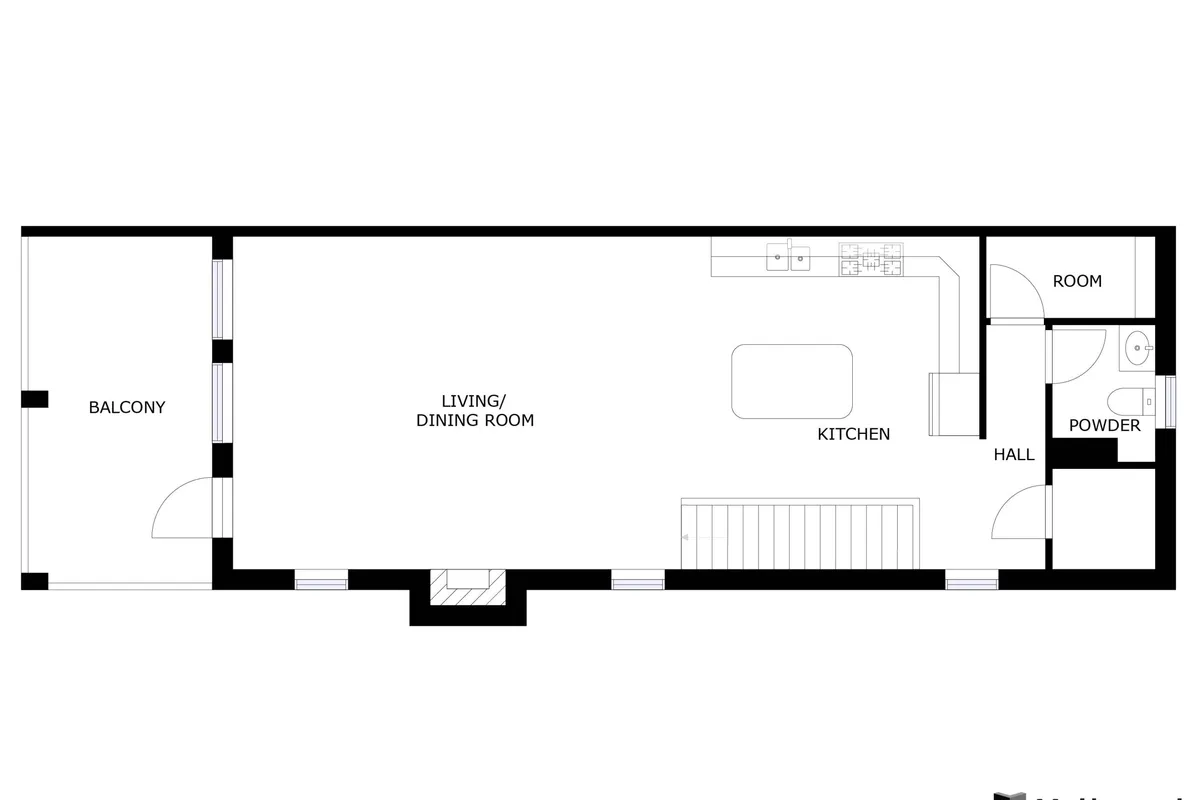 A wide-angle view of an open-plan living and dining area, with the kitchen, a balcony, and a hallway all visible. The room exudes spaciousness and comfort, with natural light streaming in and a seamless flow between indoor and outdoor spaces.
