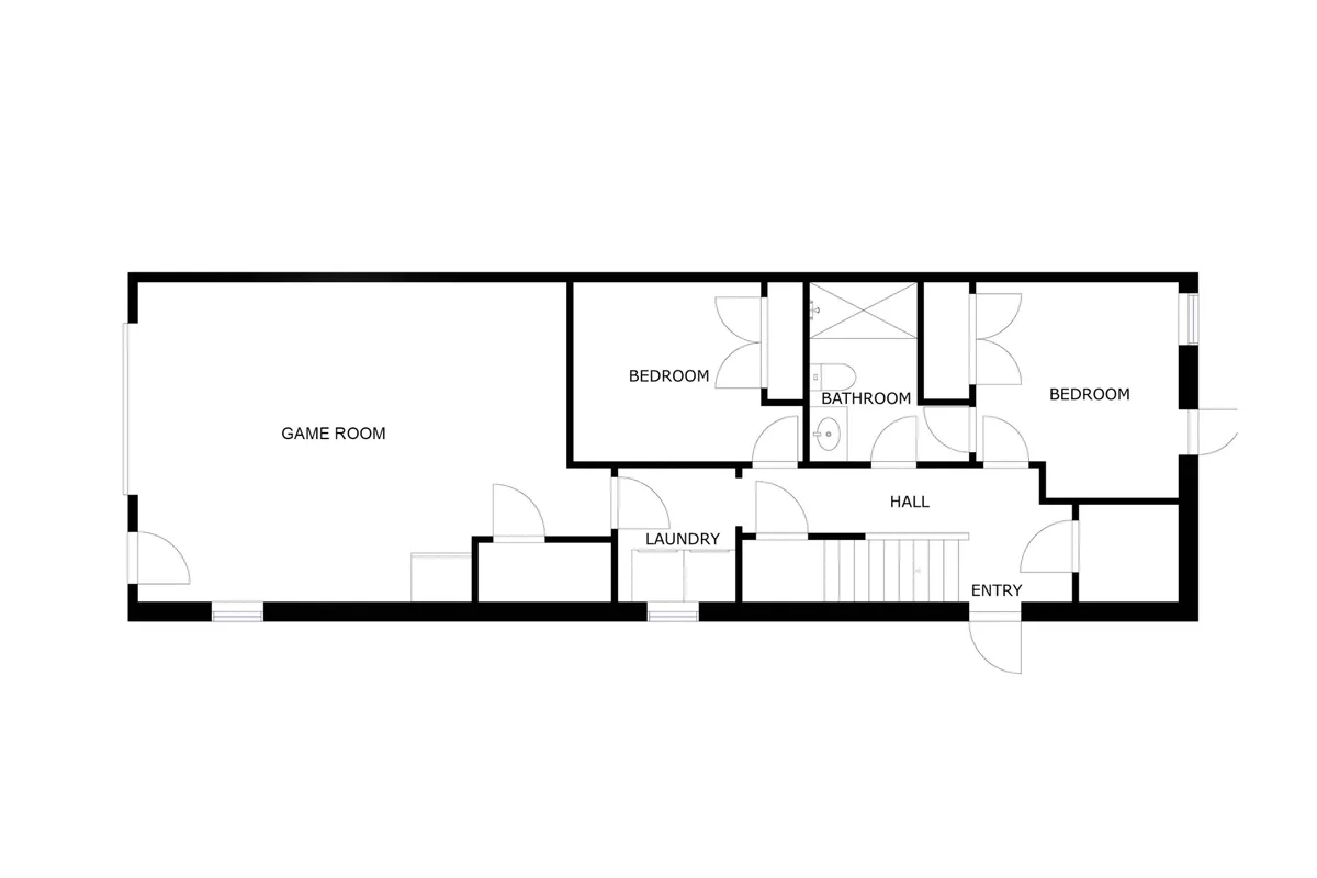 A cozy and functional hallway view connecting the game room, bedrooms, bathroom, and laundry area. The image highlights the home's family-friendly layout and the ease of access between essential spaces, demonstrating the thoughtful design for group and family getaways.